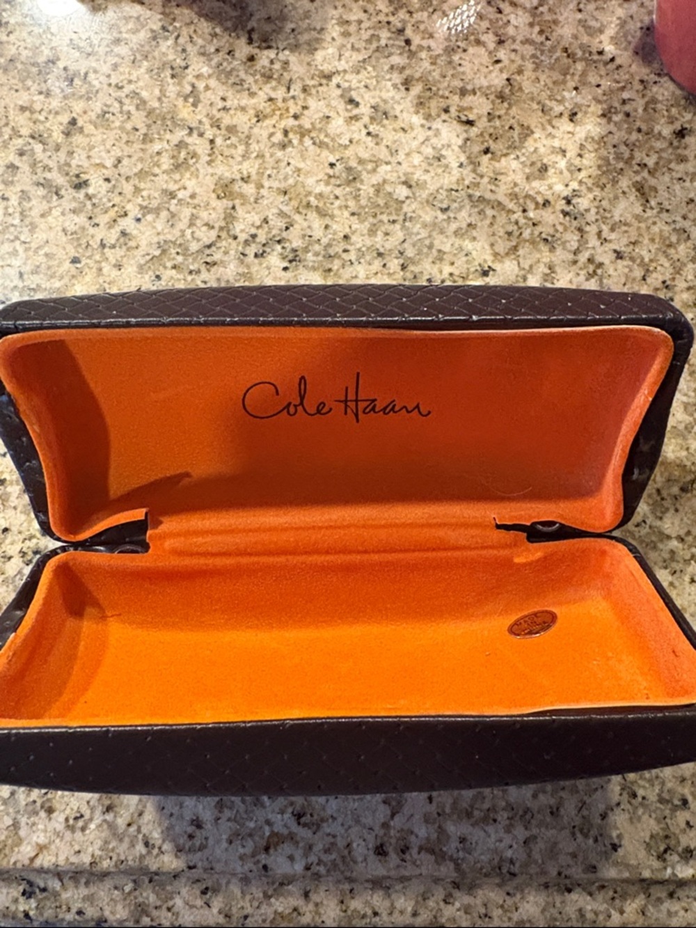 Cole Haan Eyeglass Case Brown Exterior with Bright Orange Interior
